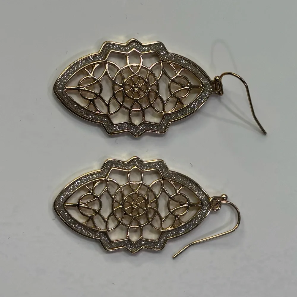 Beautiful Gold Colored & Rhinestone Dangle Earrings - Picture 2 of 6